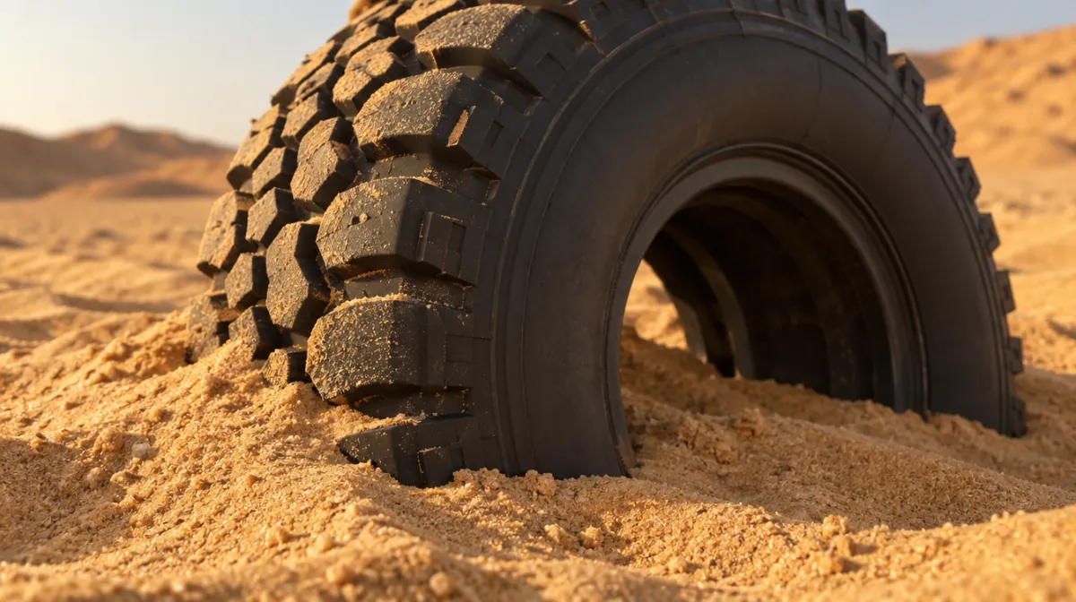 Close-up of a chunky all-terrain tyre half-buried in soft golden sand