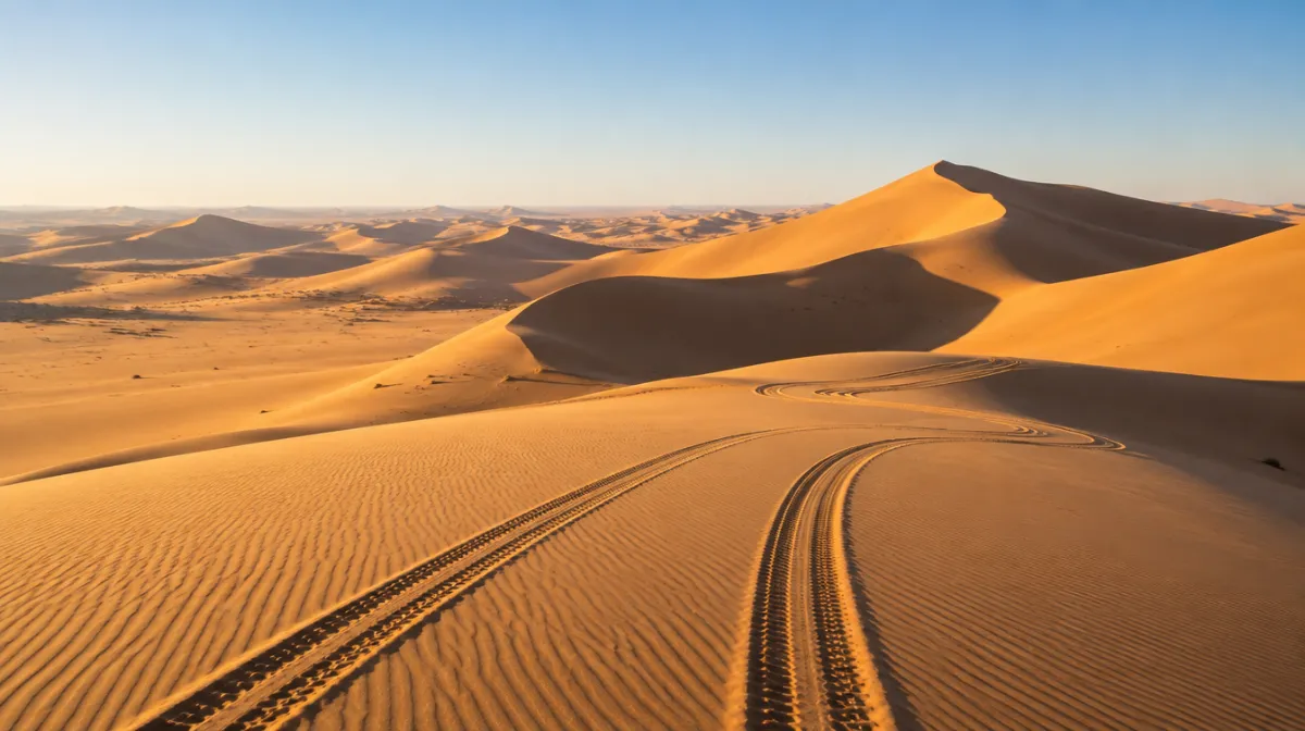 Towering golden sand dunes stretching to the horizon under a clear sky with tyre tracks in the foreground