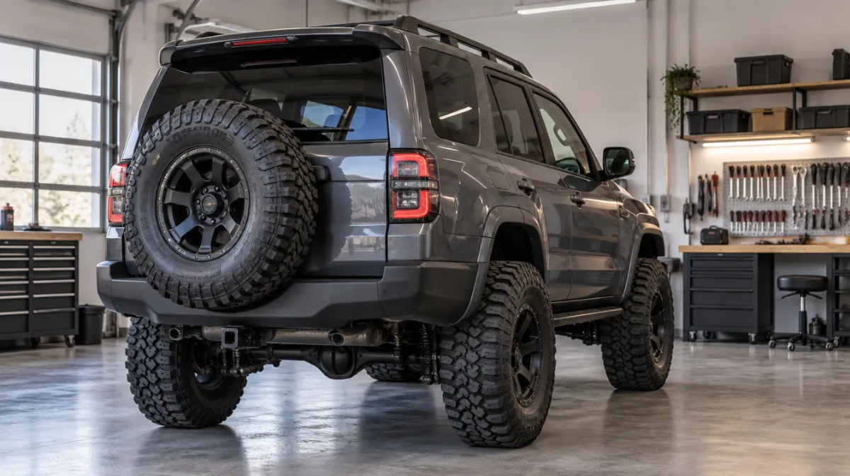 An unbranded lifted 4x4 with chunky tyres inside a clean, bright workshop