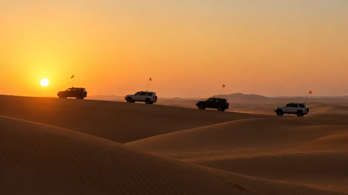 A line of unbranded 4x4s driving in convoy across rolling sand dunes at sunrise