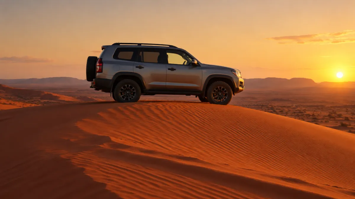 An unbranded 4x4 parked on the crest of a red sand dune at golden hour, seen from the side