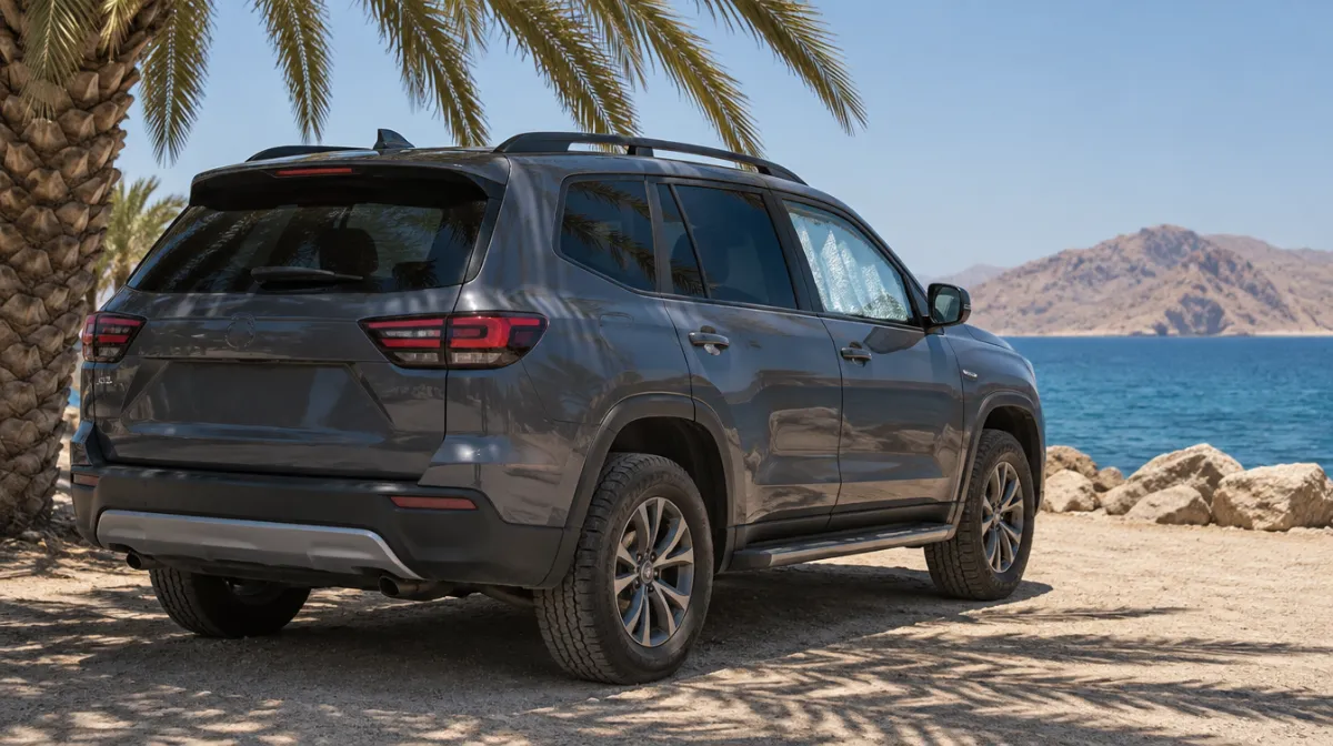 An unbranded 4x4 parked in the shade of a palm tree with a reflective sunshade on the windscreen