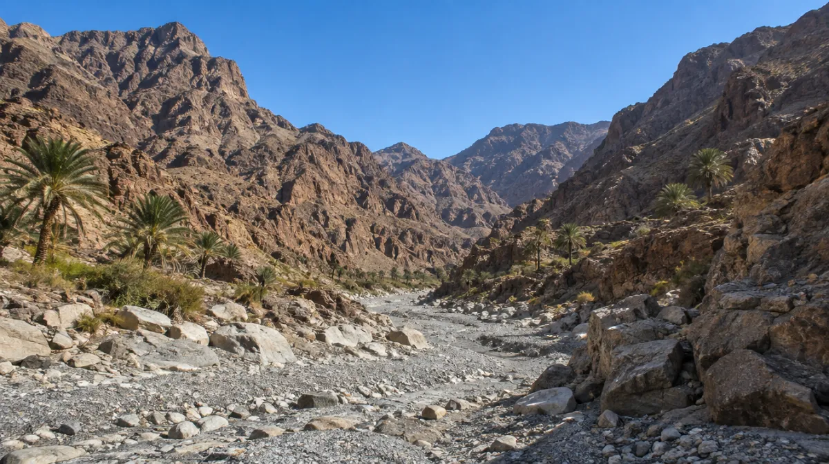 A dry rocky wadi bed winding between rugged brown mountains under a clear blue sky